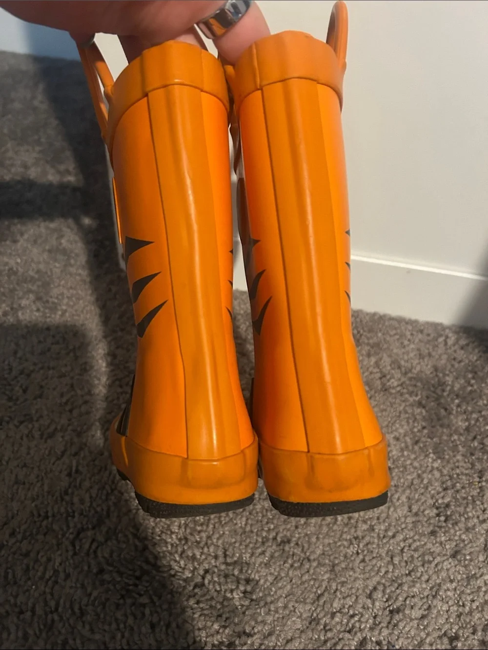 Kids Orange Tiger Rain Boots with Pull Handles